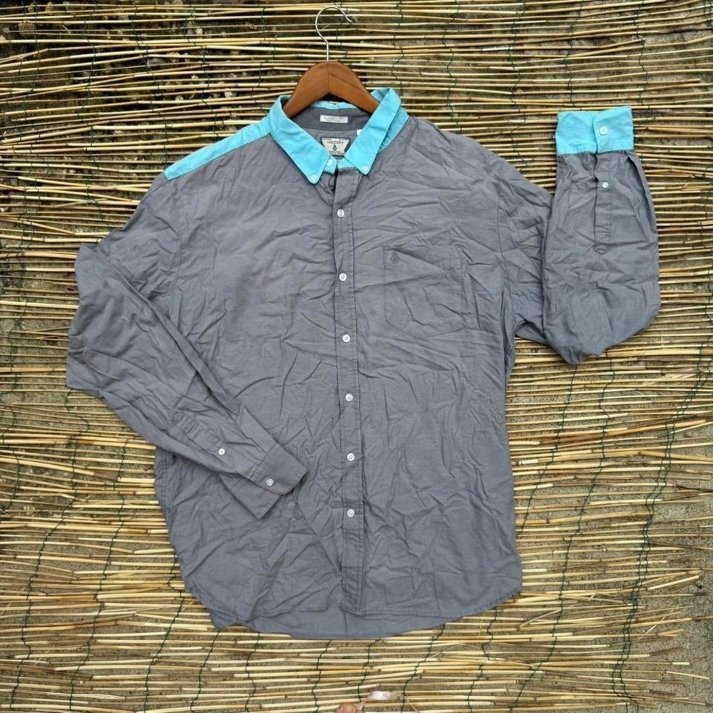 Volcom Why Factor Oxford Long Sleeve Button Down Shirt Mens XL Gray Blue Collar‎